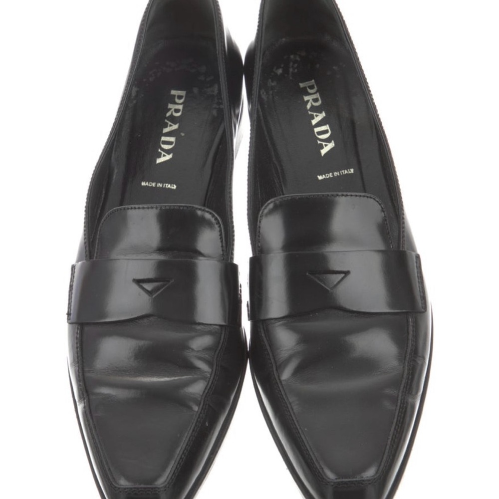 Prada Black Patent Leather Pointed Penny Loafers